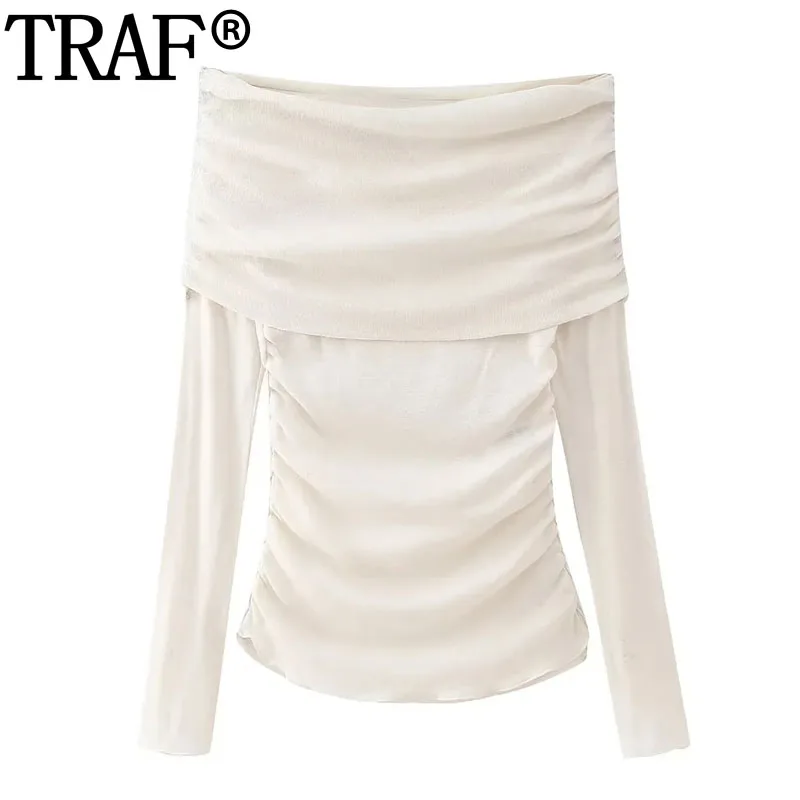 TRAF Off White Woman T-Shirts Off Shoulder Crop Top Women Ruched Red Black Blouse Female Streetwear Long Sleeve Women's Blouse