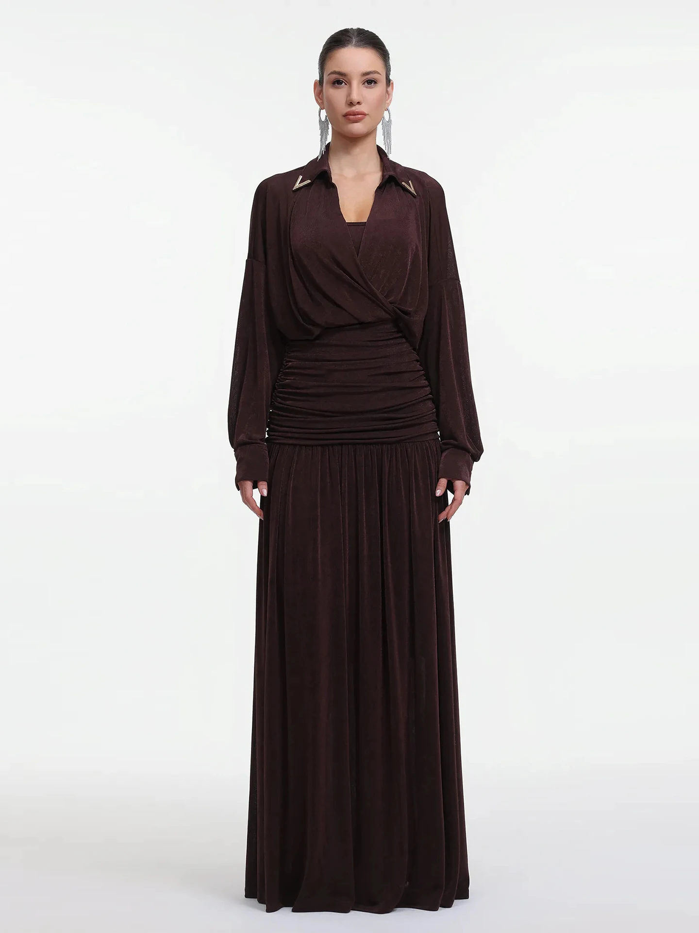 

Elegant Vintage Pleated Slimming Dress Ladylike Design Unique Waist-Cinched Long Skirt Breathable Polyester Spring Autumn
