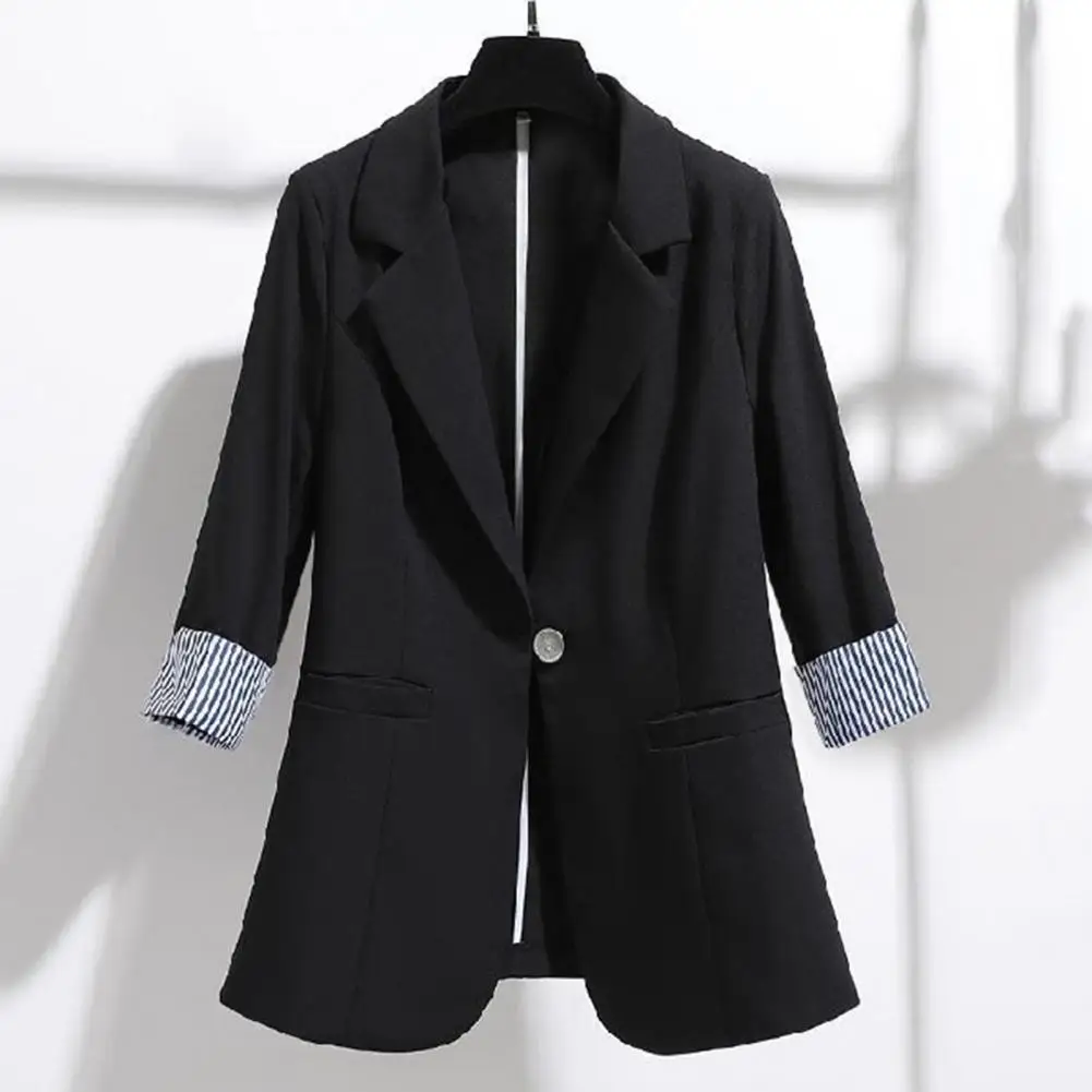 Blazers Women Trendy Patchwork 3/4 Sleeve Cuff Pockets Korean Women Jacket Solid Lapel Single Button Thin Suit Coat Workwear