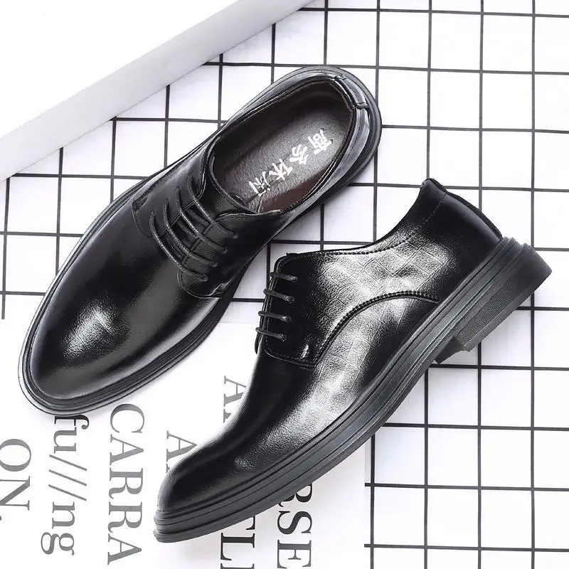 

Spring men's platform derby shoes black leather lace-up round head casual business shoes British style men's shoes
