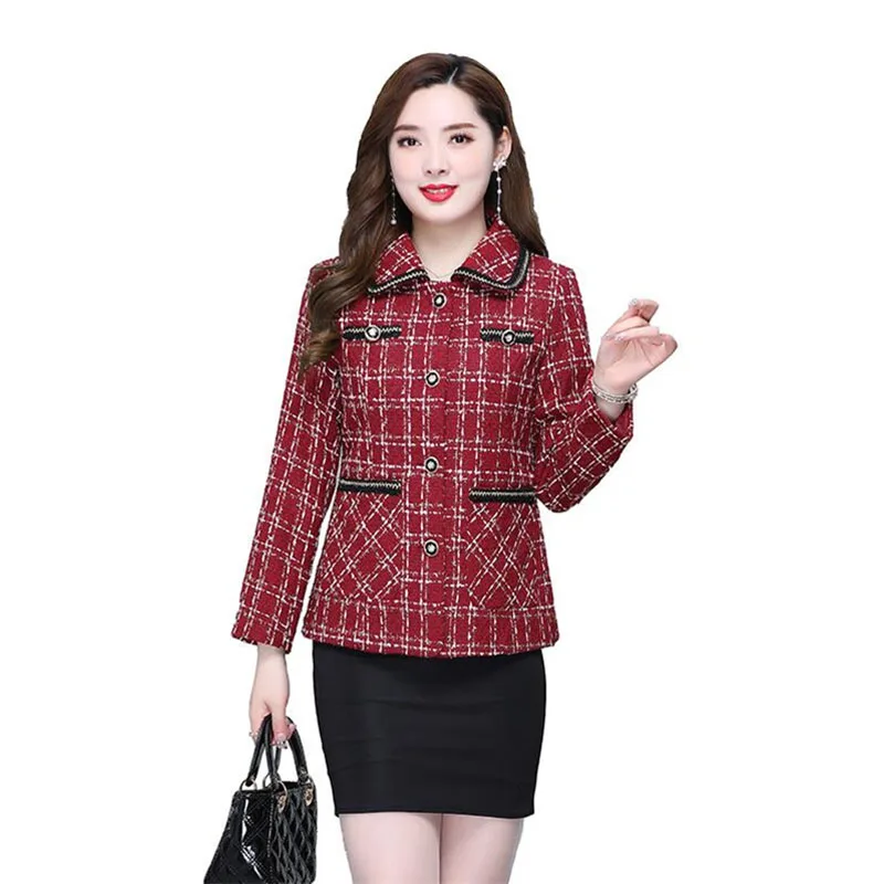 2023 New Spring Autumn Coat Middle-Aged Elderly Mothers Casual Outerwear Tops Short Lapel Plaid Suit Jacket Casaco Feminino