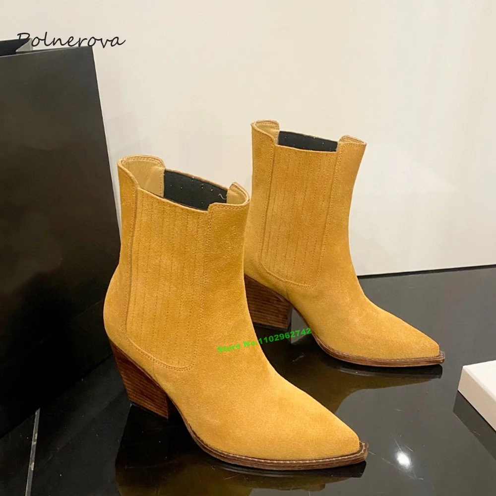 2023 Newest Autumn Suede Ankle Boots Solid Pointy Toe Chunky Heel Boots Fashion Banquet Runway Shoes for Women Concise Luxurious