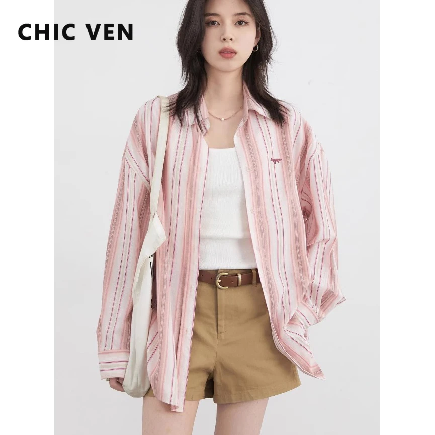 

Женские рубашки CHIC VEN: Новинка! Свободные повседневные блузки с длинным рукавом в полоску, на одной пуговице, весна-лето 2025