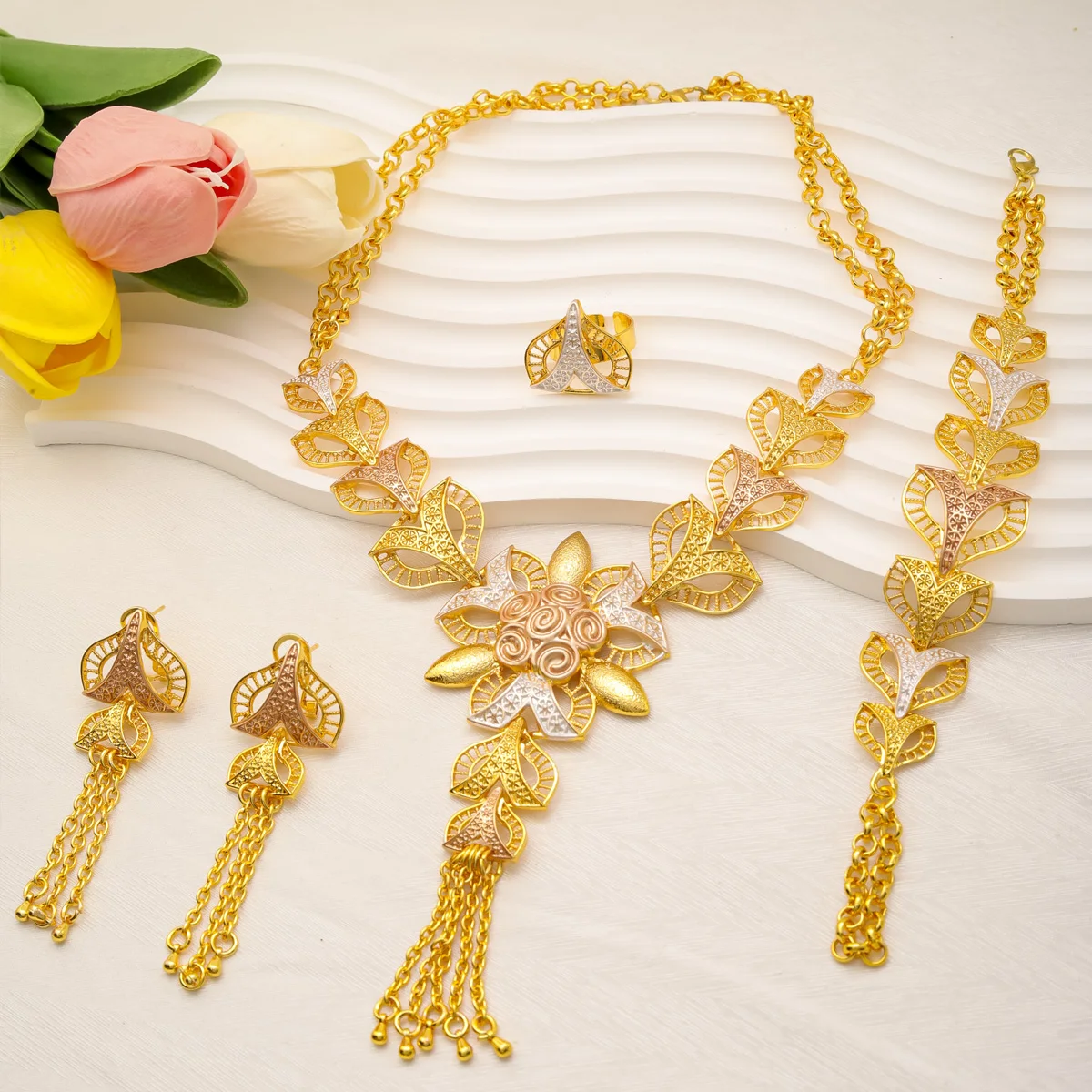 Liffly Nigerian Jewelery Sets Wedding Jewelry For Women Dubai 24K Gold Color Jewlery African Designer Earrings Bridal Necklace