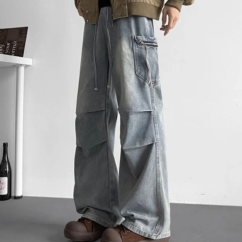 

Корейские плиссированные джинсы в стиле ретро, мужские джинсы, повседневные свободные джинсы с высокой талией, рабочая одежда, брюки