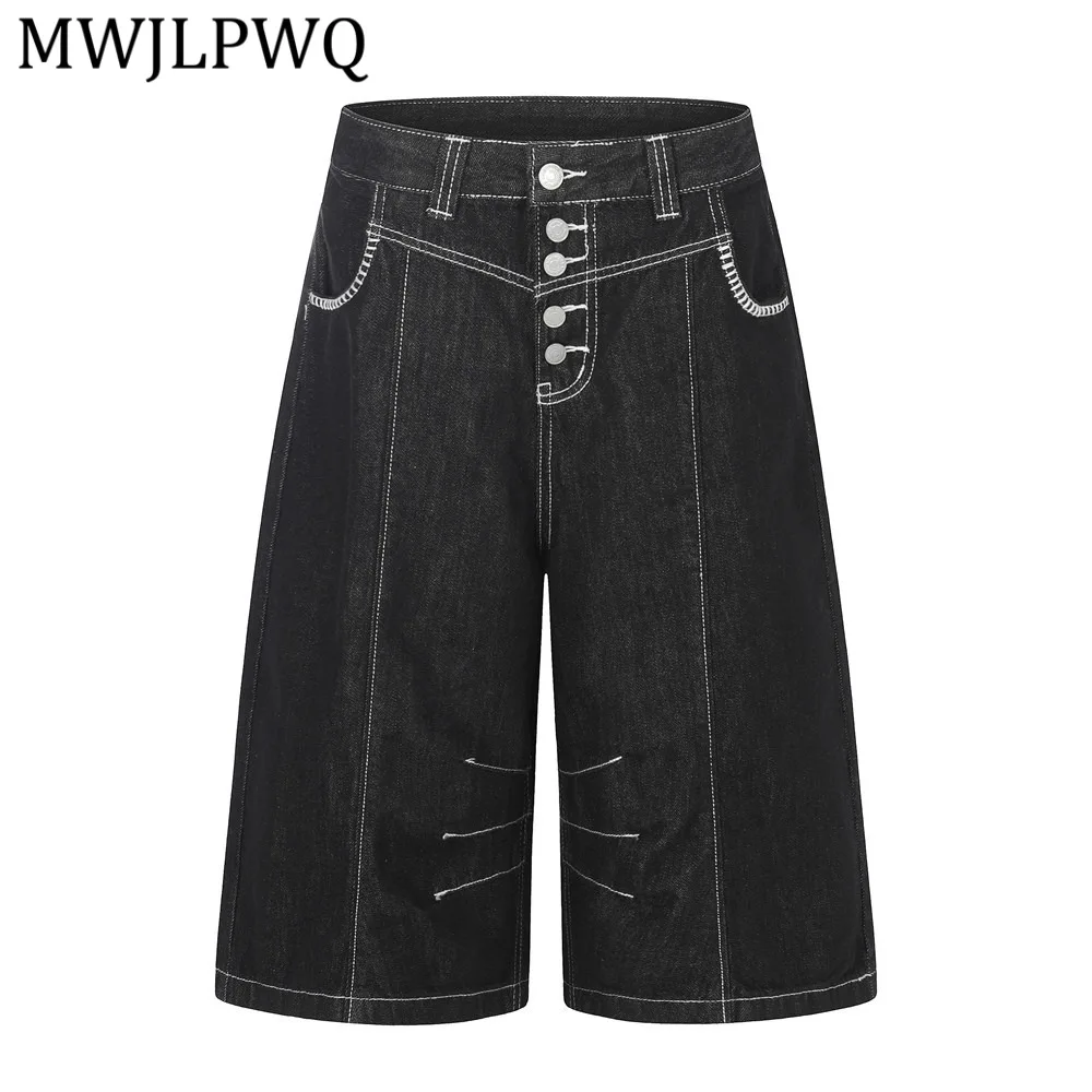

MWJLPWQ Stylish Denim Shorts For Men High Street Fashion Contrasting Color Stitching Pockets Workwear Straight Cut Pants 15682