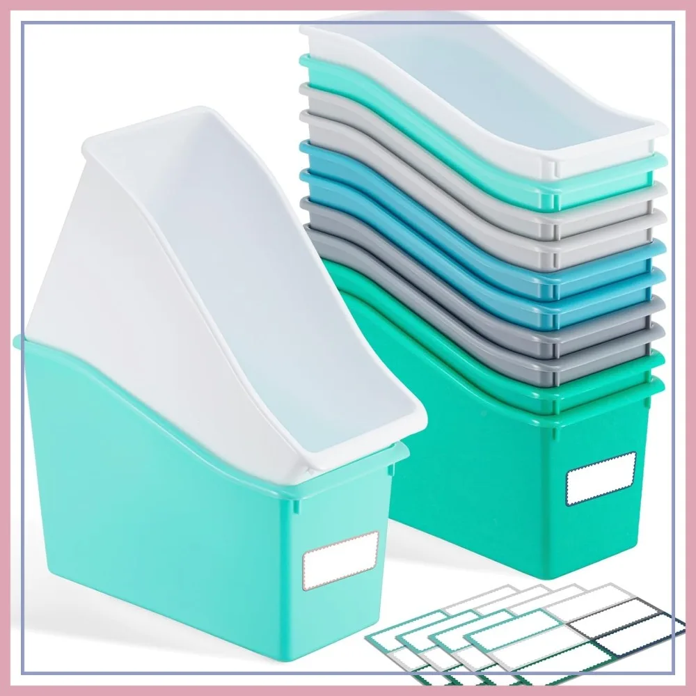 

12 Pcs Book Bins for Classroom with Labels, Stackable Plastic Organizing Bins 11.5x5.4x7.5 in, Book Holders Storage Bins Box Baskets for Classroom Library Home (Morandi Color)