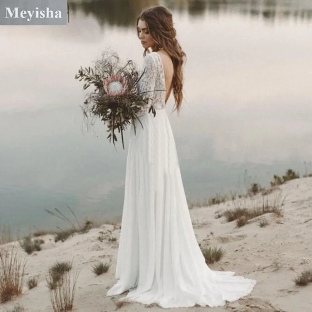 

6023 Boho Lace Chiffon V-Neck A Line Wedding Dresses 2024 Backless Beach Bride Dress Cap Sleeve Sweep Train Bohemian