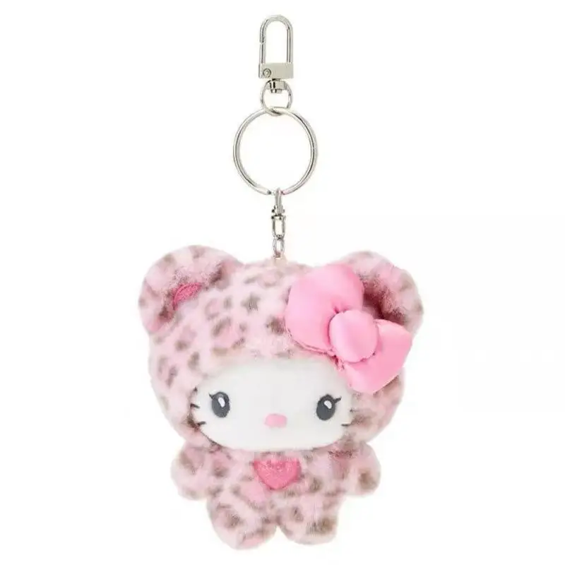 Sanrio Leopard Print Plush Keychain Hello Kitty Cinnamoroll Kuromi Cartoon Plush Doll Pendant Stuffed Toys Bag Decoration Gifts