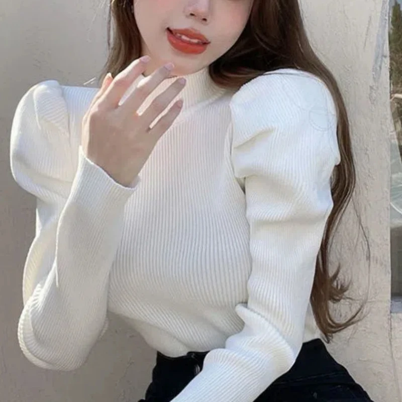 

Autumn Winter Bubble Sleeves Solid Color Women's Clothing Bottoming Shirt Semi High Neck New Style Stylish Slim Fit Y2K Sweaters