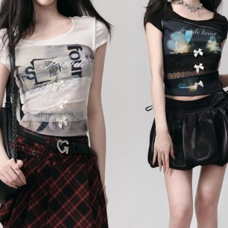 Sweet Print Spliced Bow Short Sleeve T-shirts Women Summer Y2k Aesthetic Slim Waist Crop Top Vintage Cute Design Tees