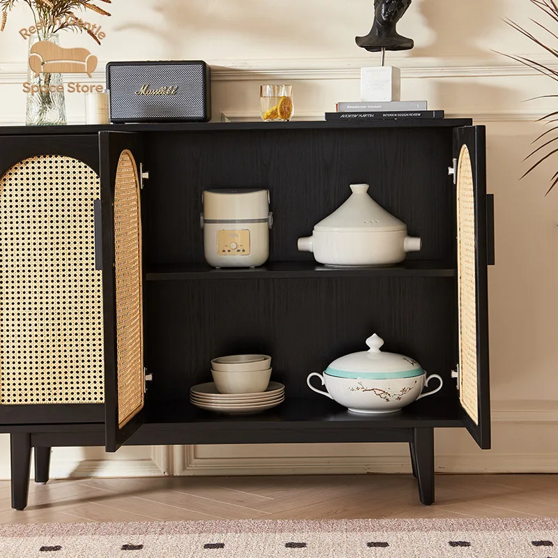 Nordic solid wood dining side cabinet, black household simple rattan arch, restaurant side cabinet, entrance entrance storage