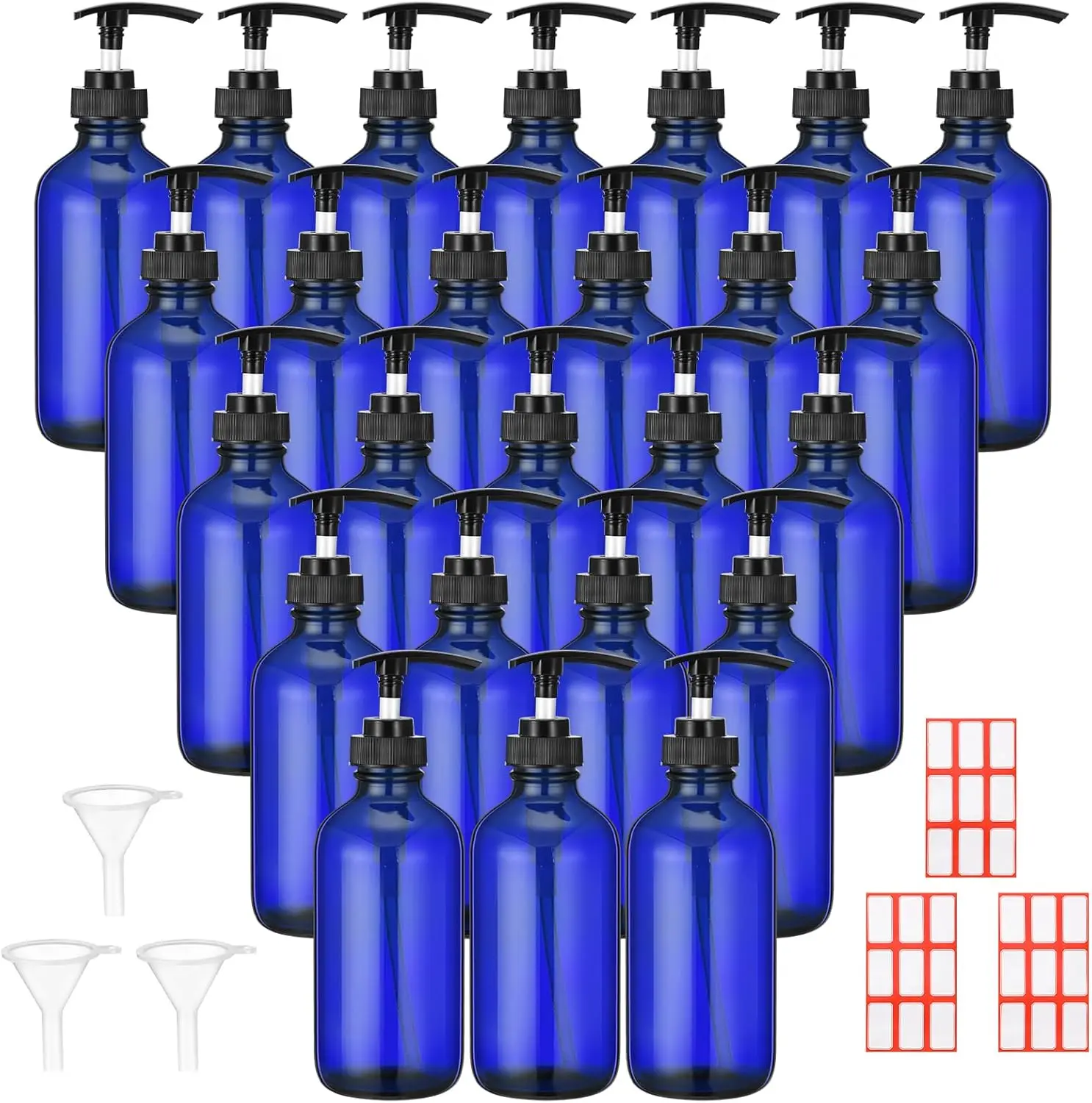

Набор из 24 стеклянных бутылок-дозаторов по 240 мл с помпой, многоразовые диспенсеры для мыла с этикетками и воронками для эфирных масел и чистящих средств