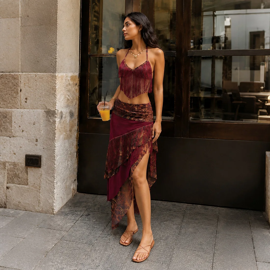 Vacation Beach Print Patchwork Tassel 2 Piece Set Women Sexy V Neck Halter Backless Camis Crop Tops + Asymmetrical Maxi Skirts