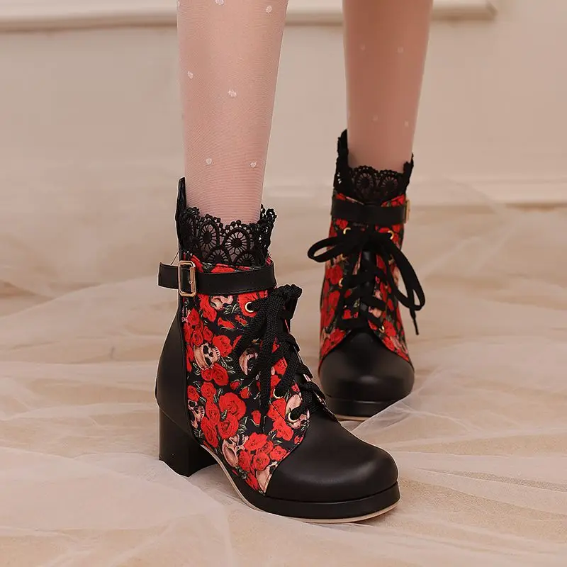 ORCHALISA Flower Print Women Ankle Boots Round Toe Block Heels Zipper Lace Mixed Color Big Size 46 47 48 Fashion Dating Bota