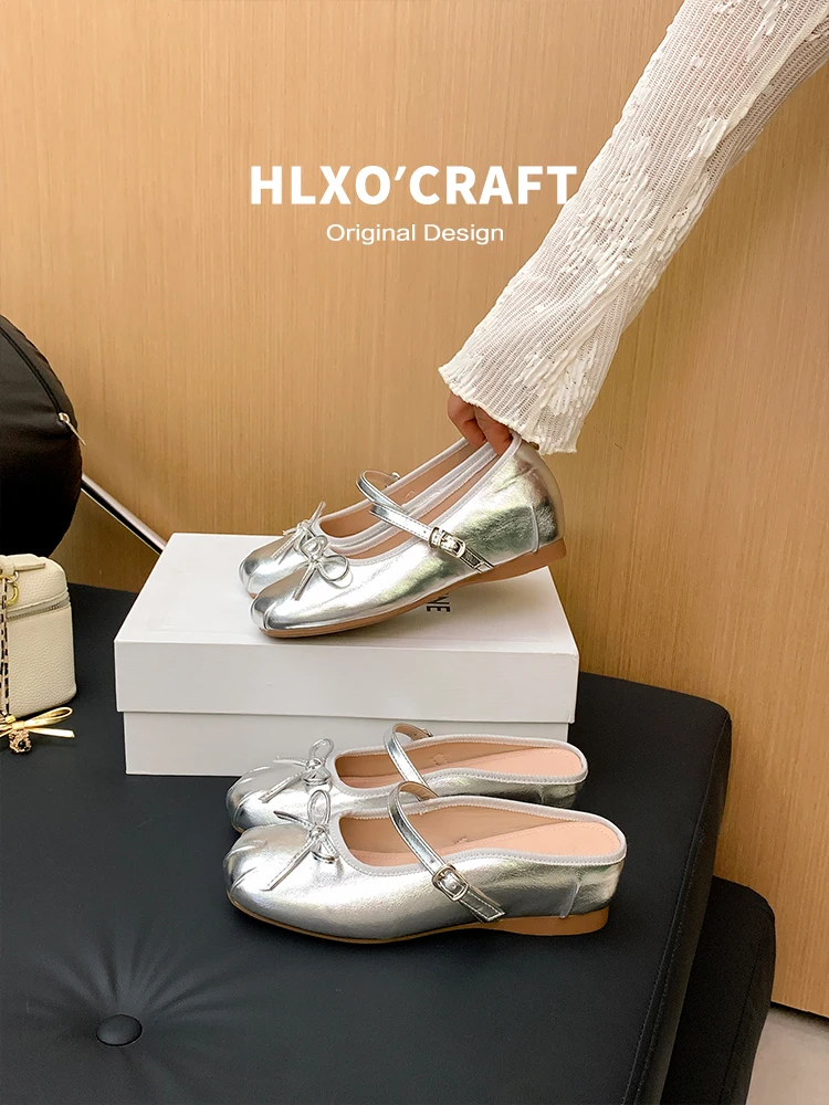 women's-ballet-flat-shoes-increased-height-leather-slip-on-sandals-knot-single-strap-korean-style-daily-wear
