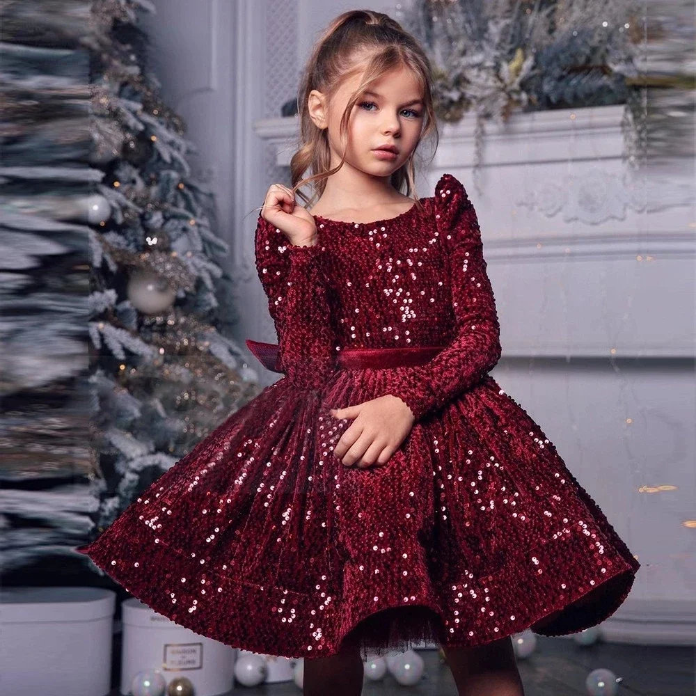 Delicate Burgundy Flower Girl Dress Long Sleeves Round Neck Sequin Clip Tulle Princess Party Birthday First Communion Dresses