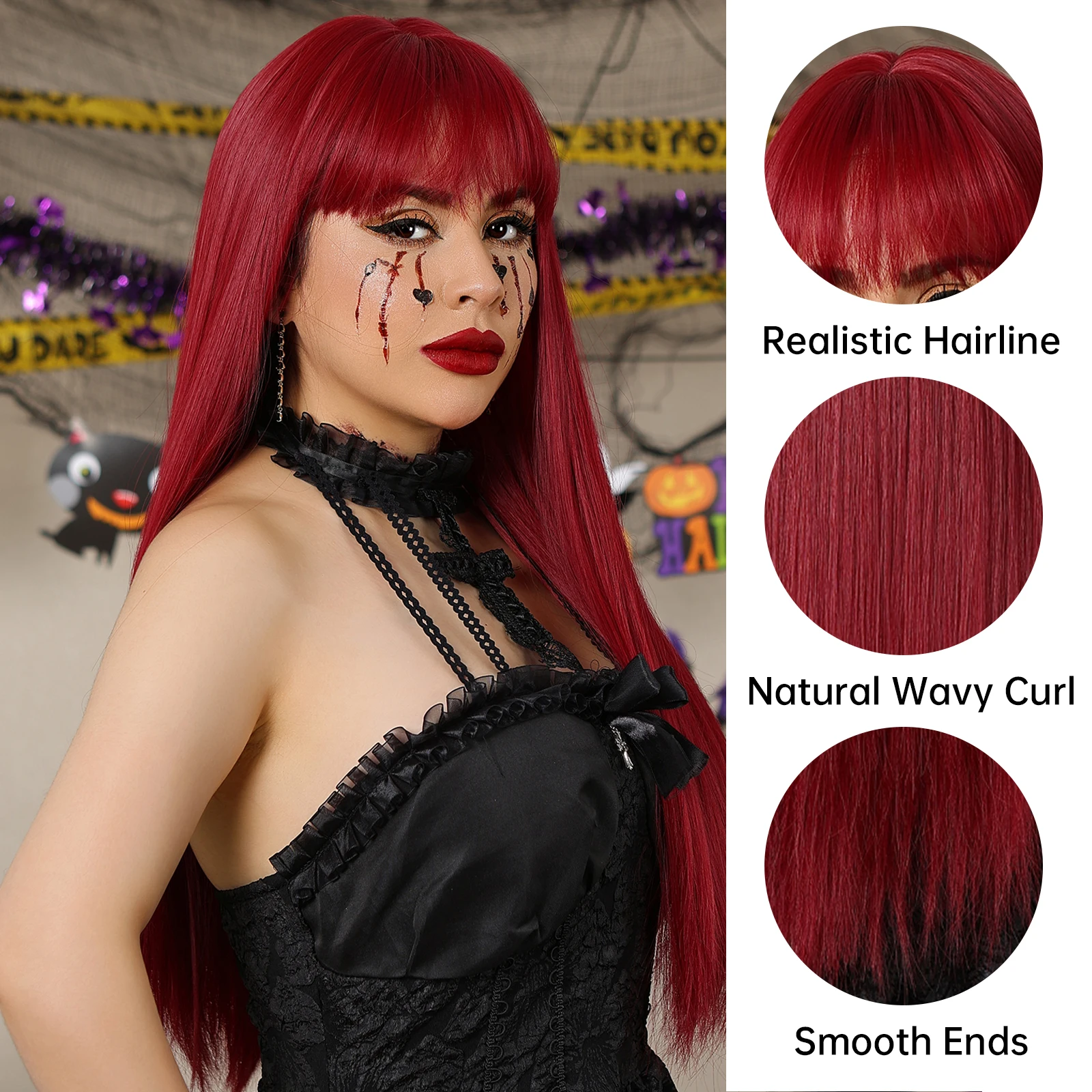 HAIRCUBE długie proste peruki syntetyczne Cosplay wino czerwone sztuczne włosy peruki dla kobiet z grzywką Halloween peruki z włókna termoodpornego