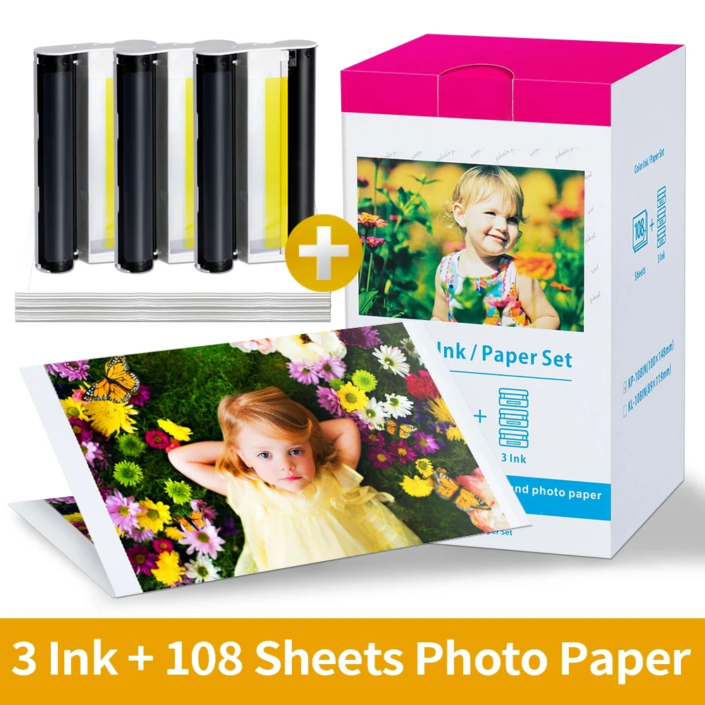 Compatible for Canon KP-108IN KP108 3 Color Ink Cartridge&108 Sheets Paper Set 100x48mm for Selphy CP1300 CP1200 CP910 CP1500