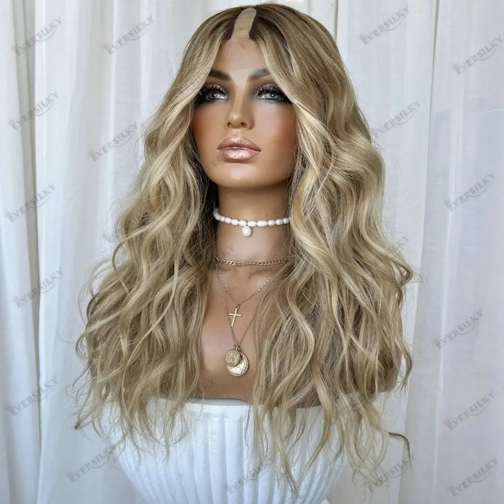 European Hair Loose Wave Light Brown Ombre Ash Blonde U Part Wig Human Hair for Women Easy to Install Glueless1*4Size V Part Wig