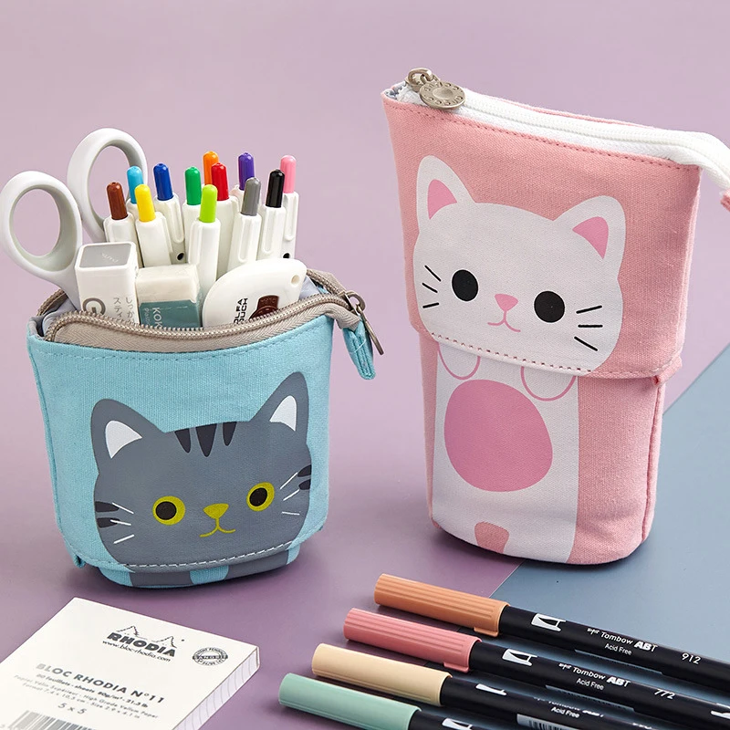 Canvas Cartoon Cute Pencil Bag Retractable Fabric Pencil Case Fold Standing Holder Kawaii Stationery School Supplies Kids Gift