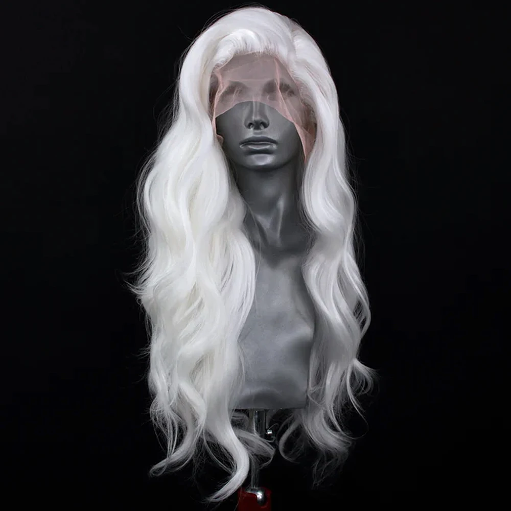 UNIQUE White Wig Synthetic Lace Front Wigs for Women Long Natural Wave Heat Resistant Fiber Cosplay Party Wigs Free Part Wig