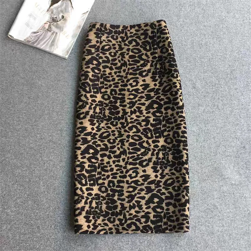 

Gowyimmes New Autumn Winter Women Print Leopard Skirt Elegant Lady High Waist Mid-long Skirts Slim Hip Pakadge Bottomings PD1842