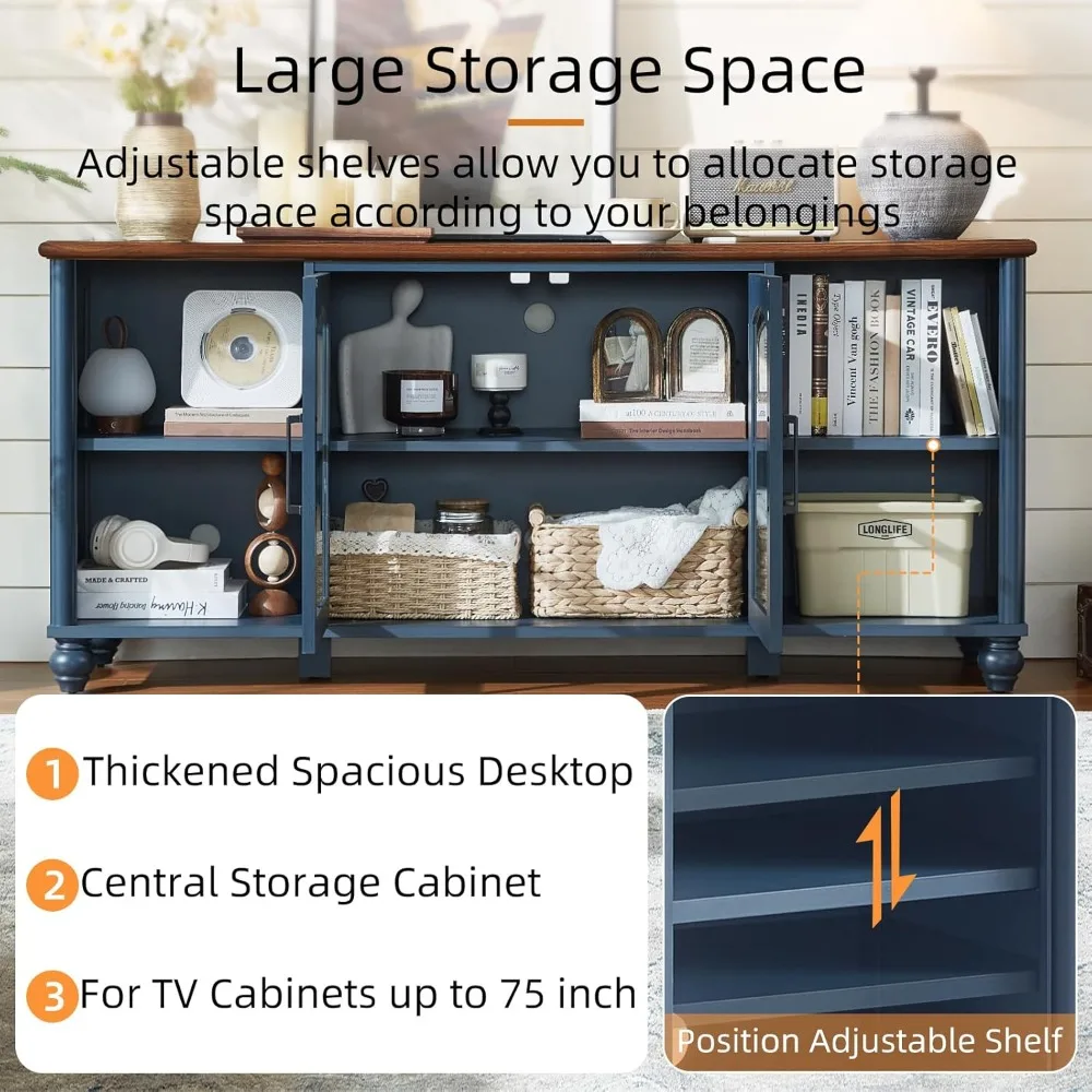 حامل تلفزيون المزرعة لتلفزيون 60 بوصة، مركز ترفيه خشبي مع خزانة تخزين بباب زجاجي وأرفف قابلة للتعديل، ملعب تلفزيون