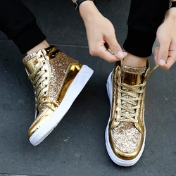 Men's Women's Hightop Skateboard Shoes Flat Street Walking Dance Sports Sneakers Golden Silver Black Boots for Young Couples