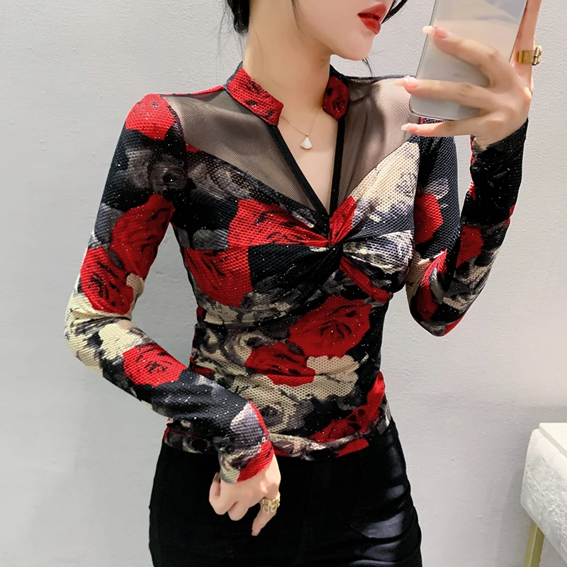 MadBlack, European Clothes T-Shirt, Sexy Women V Neck Printed Top, Long Sleeve Slim Clubwear Patchwork Tee, Fall Winter T40403CC