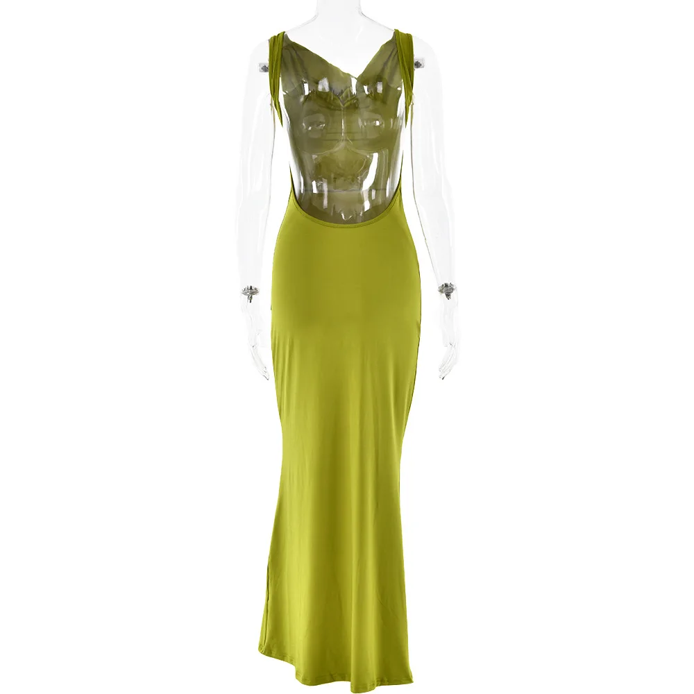 YUZHEXI back low cut green sundress fashion sleeveless slim draped vacation dress - view 5