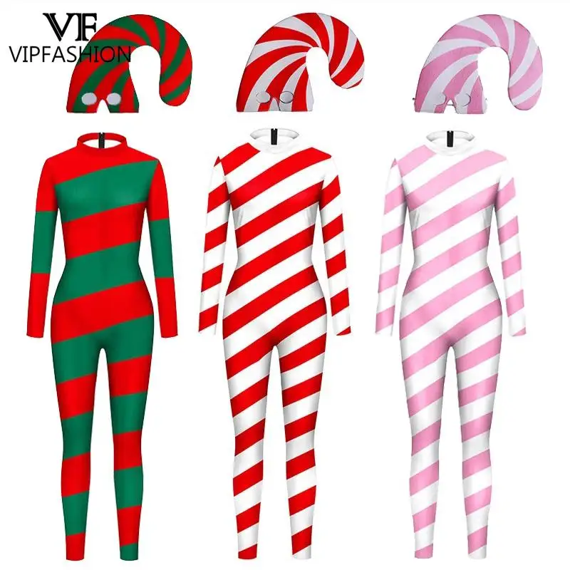 

Pink White Candy Cane Jumpsuits Red Green Stripe Christmas Costume Carnvial Bodysuit Xmas Sexy Zentai Suit Holiday Party Outfit