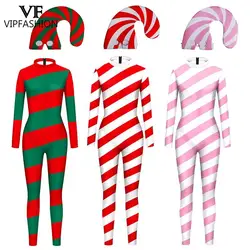 Red White Stripes Candy Cane Jumpsuits Family Matching Christmas Costume Carnvial Bodysuit Xmas Zentai Suit Holiday Party Outfit