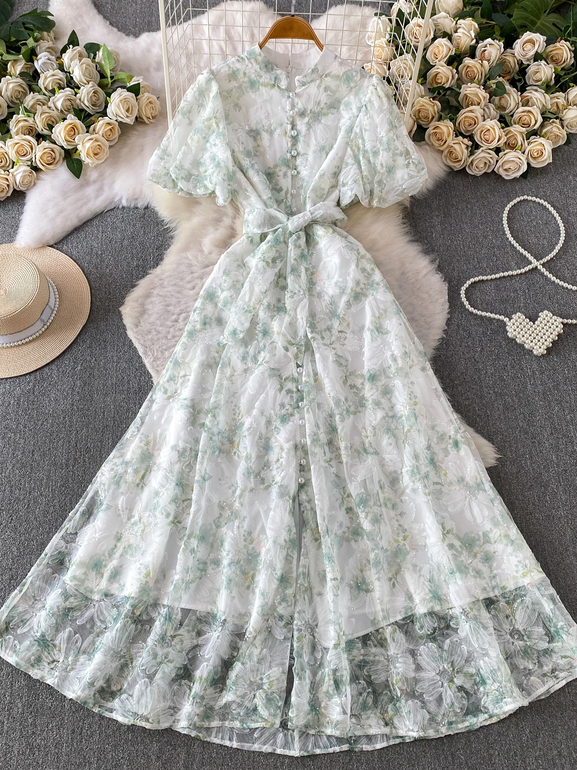 

Romantic Style Gradient Rose Bubble Sleeve Dress Women's Summer Stand Collar Pearl Button Waist Cinched Long Skirt