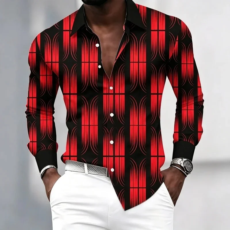 Men's shirt gradient vertical stripe long sleeved shirt slim fit business casual top personalized printed trendy men's clothing