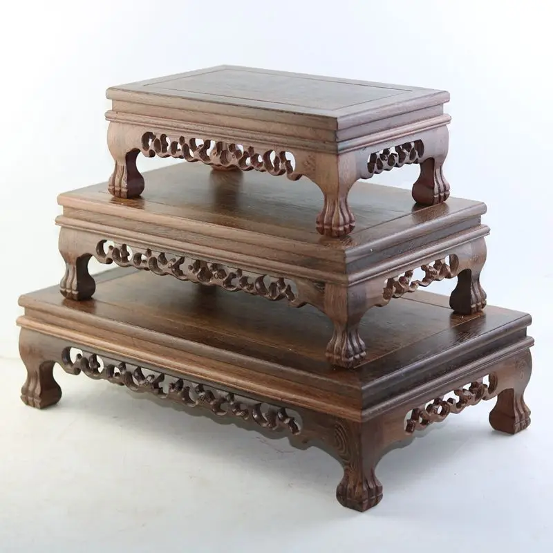 Redwood Carved Buddha Statue Base Chicken Wing Wood Rectangular Side Table Stone Vase & Bonsai Display Stand Artwork