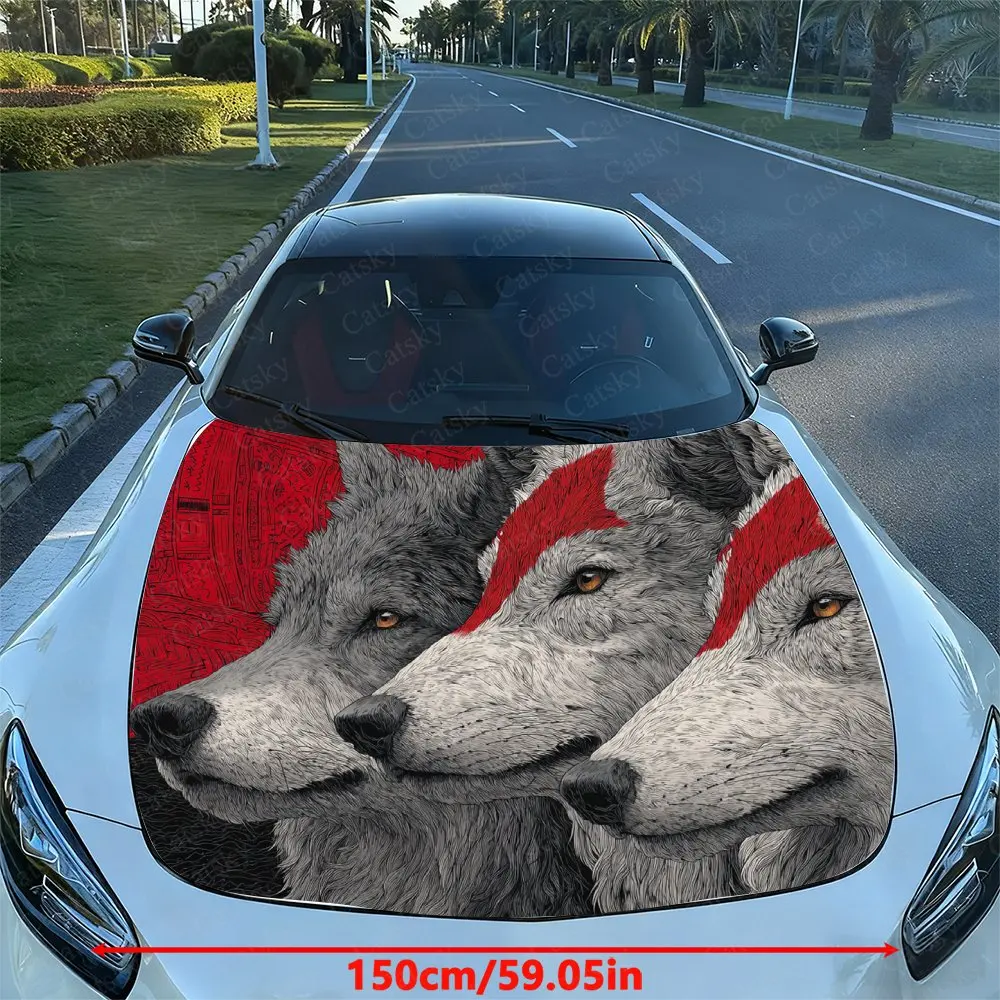 Red Striped Three Wolves Car Hood Sticker, Drum Packaging, Stylish Design, Suitable For Most Vehicles, Hood Protective Film, Veh