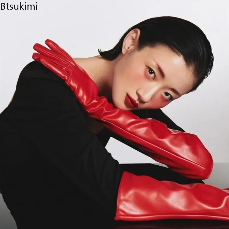 

Elegant Women Long Gloves Soft Leather Ladies Evening Party Dress Accessories Stage Performance Clothes Props Fashion PU Gloves