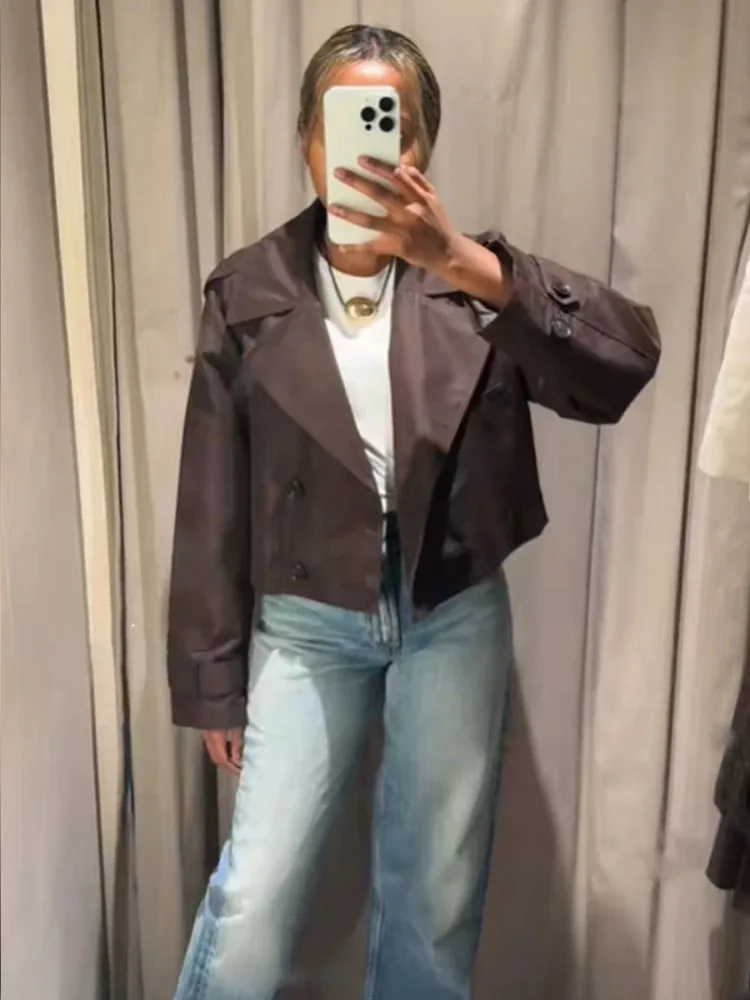 

Женская двубортная куртка, осенняя мода, отложной воротник, женские короткие пальто с длинными рукавами, женские топы