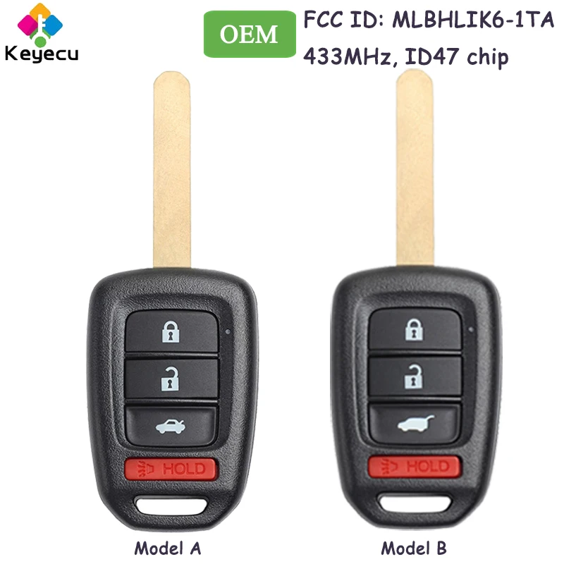 

KEYECU OEM Remote Control Car Key With 4 Buttons 433MHz ID47 Chip for Honda CR-V Civic Accord 2016-2021 Fob FCC#: MLBHLIK6-1​TA