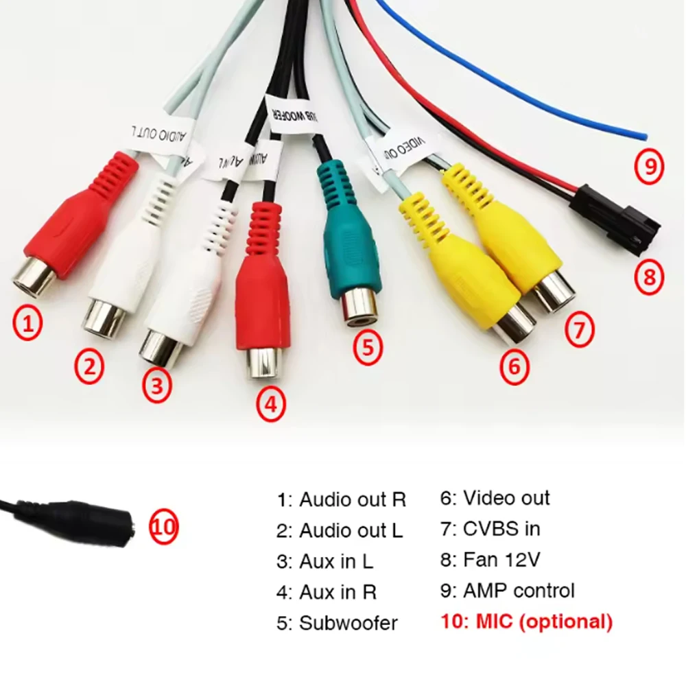 20 Pin Car Stereo Radio RCA Cable Adapter Wiring For Output Socket CVBS Aux In Amp Control Wire Fan 12 V Power Jack Mic Harness.