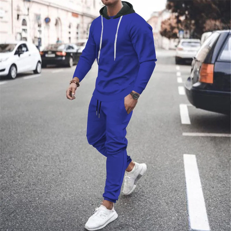 Men\'s long sleeve Casual Pajamas 2pcs set Homewear Hooded soild color Pajamas Men Sleepwear Size M-3XL