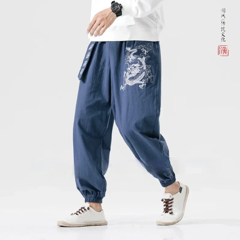 Zen Tea Men chiński styl haft smok Kung Fu Harem spodnie wietnamskie japońska moda sportowe spodnie typu Casual taniec Streetwear