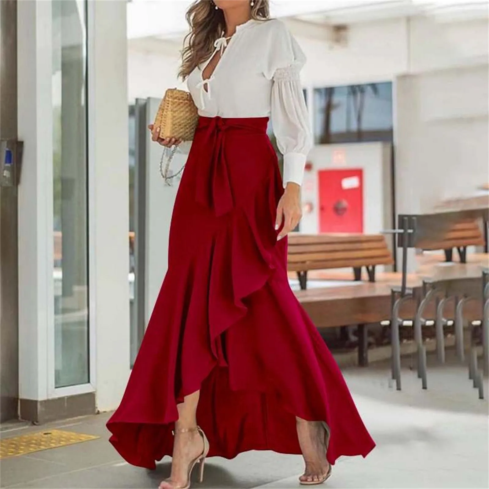 Women Casual Breathable Skirt Elegant Lace-up Ruffle Trim Maxi Skirt Plaid Print Bow Tie Detail High Waist Irregular Hem Skirt