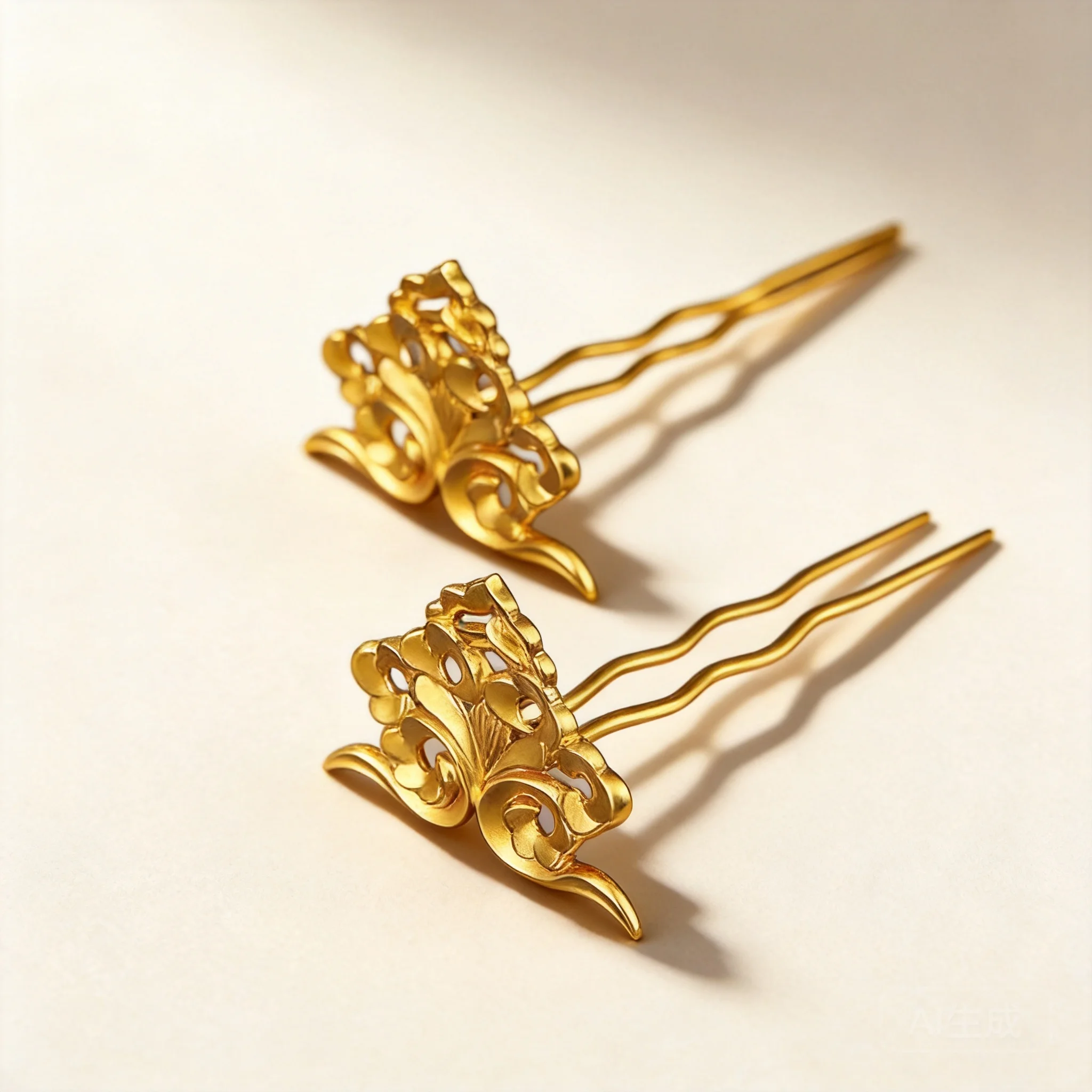 Vintage Chinese Traditional Tang Dynasty Auspicious Cloud Pattern Gold Plated Copper U Shaped Hairpin Lucky Blessing Hair Stick