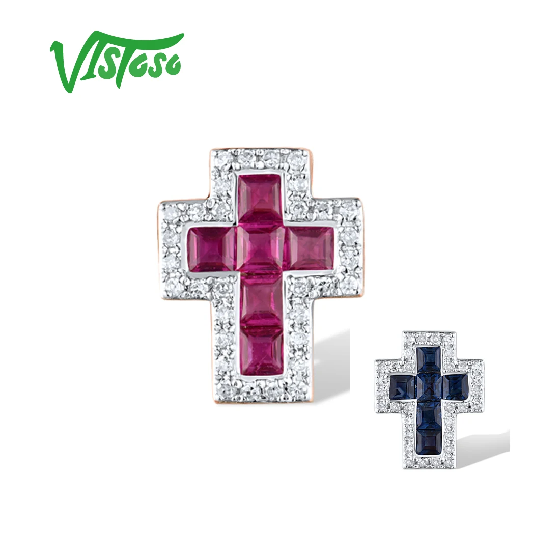

VISTOSO Real 14K 585 Rose White Gold Pendant For Women Sparkling Diamond Ruby Blue Sapphire Classic Cross Wedding Fine Jewelry