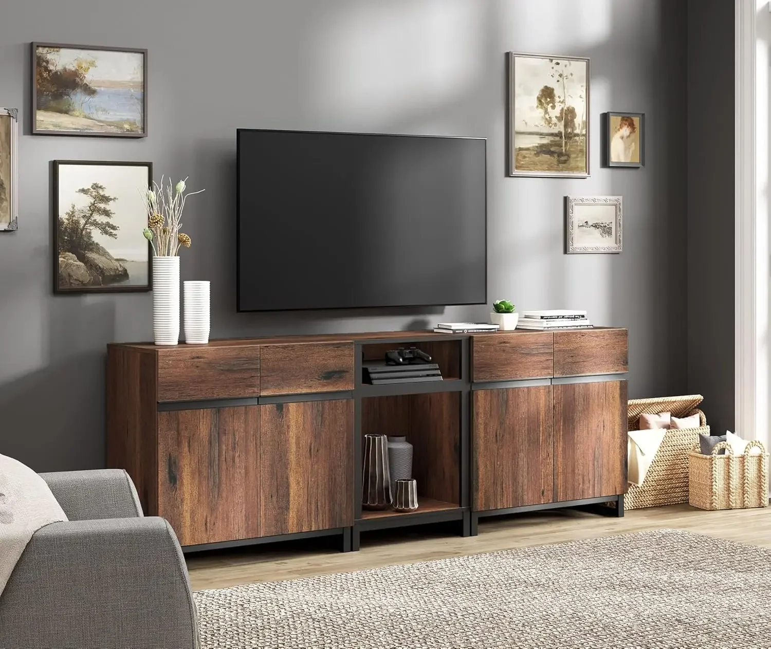 TV Stand for TVs up to 90 inch, 3 in 1 Modern Entertainment Center with Metal Base & 2 Adjustable Shelves, TV Console