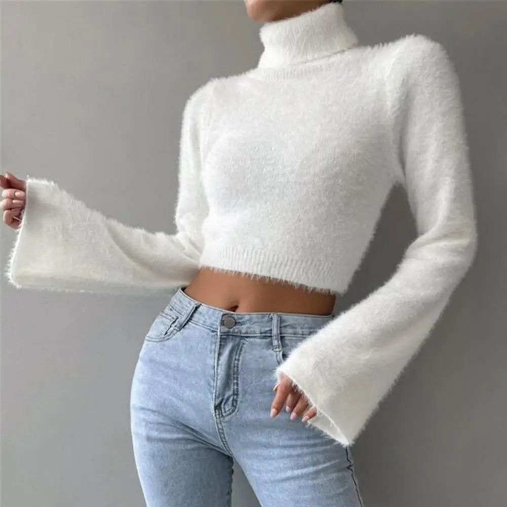 Women Autumn Winter Sweater Stylish Women's High Collar Cropped Sweater with Flared Long Sleeves Solid Color Slim for Exposed