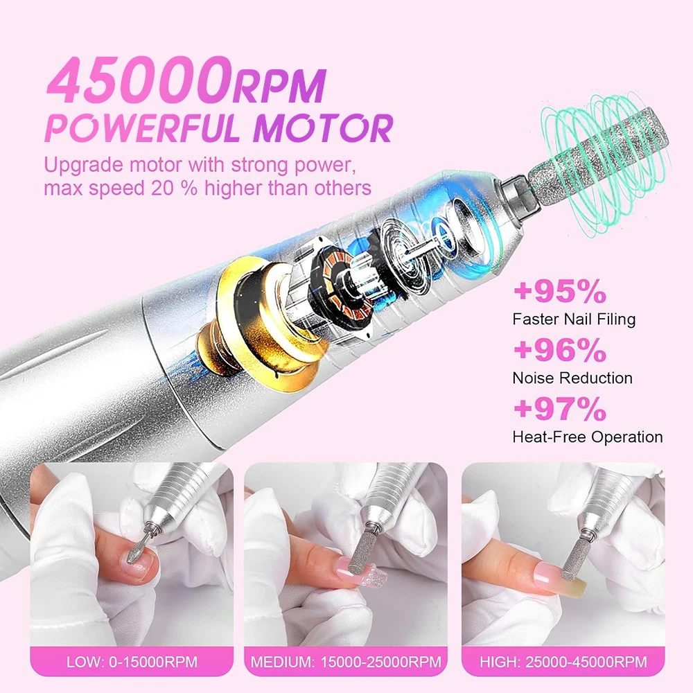 45000 RPM oplaadbare nagelboormachine met LCD geluidsarme professionele nagellakschuurmachine nagelaccessoireset