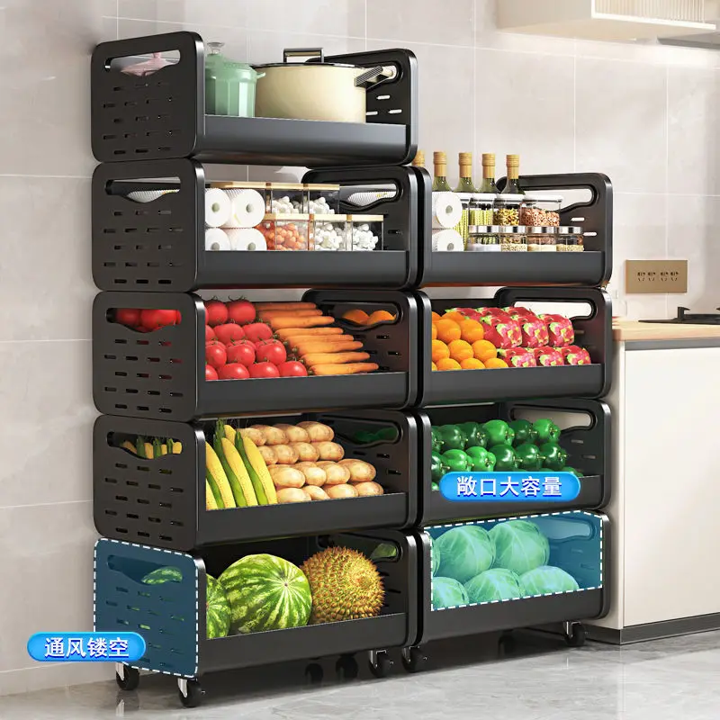 

Black Household Kitchen Shelf Carbon Steel Kitchen Storage Fruit and Vegetable Basket Metal with Roller Floor Vegetable Rack